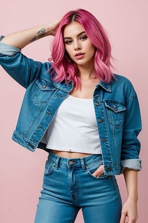 pink hair, beautiful face, onlyfans model, hot pink lips, pink eyeshadow, wearing cropped denim jacket and tight levis jeans in light blue color
