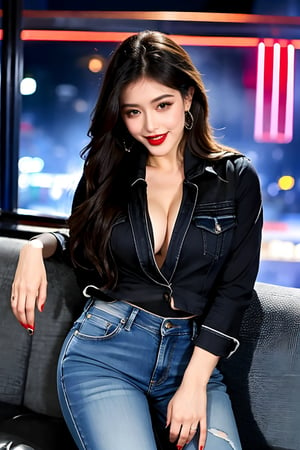beautiful detailed eyes, tight jeans, cropped denim jacket, make-up, red lips, smiling, posing sexy in a night club and smoking a cigarette, realistic,blackbootsnjeans,cute girl