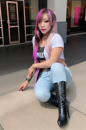 a beautiful flirty Japanese punk girl, 36 years old, perfect face, flirty face, round cute cheeks, perfect eyes, perfect nose, perfect lips, natural skin, long straight hair, kairi sane face, punk hairstyle, pink green hair color, punk girl makeup, white low cut t-shirt, light blue cropped denim jacket, her blue long jeans are tucked into her black leather over the knee high stiletto heel boots and each boot on both legs must have the same height, feels enjoy at the shopping mall, shopping