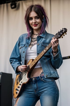 American rebel girl guitarrist, 19 years old, smile, dark lips, rebel look, punk girl hairstyle, she is playing a guitar in a concert, cropped denim jacket, tight blue jeans, punk girl makeup, full body shot, slim girl