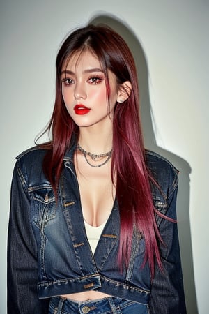 beautiful detailed eyes, tight jeans, tight cropped small denim jacket, punk girl make-up, red lips, posing very sexy and flirting in a street at night, realistic