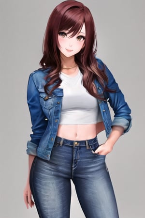 Anime hot girl with long hair wearing a denim jacket and jeans,kairisane