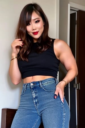 beautiful detailed eyes, tight jeans, tight cropped small denim jacket, sexy girl make-up, dark lips, 35 years old girl, kairi sane is posing very sexy, smoking a cigarette in her apartment,realistic, punk girl hair color,kairisane,1girl