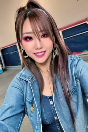 A hot baddie japanese girl is having a date and is flirting with you, beautiful detailed eyes, flirty beutiful perfect smile, hot jeans in acid wash light blue color, cropped denim jacket acid wash, hoop earrings, kairi sane face, baddie make-up,kairisane, full body shot