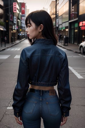 Japanese fashion influencer in her 20s standing candidly, natural pose, fitted jeans, cropped fitted denim jacket, captured from the back, raw style, black goth lips style, black eyeshadows, Sony A7III, aspect ratio 1:2, hyperreal, photorealistic quality, dramatic backlighting, soft shadows, depth of field, ultra clear, UHD drawing