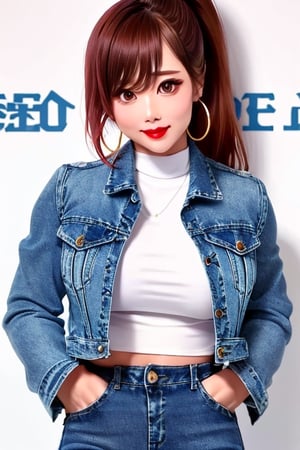 slim girl, beautiful detailed eyes, tight jeans, cropped denim jacket, kairi sane hairstyle, kairi sane face, red lips,1girl folded ponytail, hoop earrings,kairisane