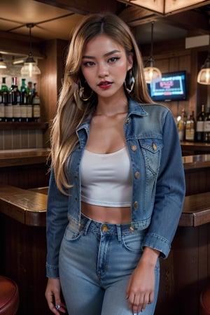 supermodel asian girl, 19 years old, beautiful detailed eyes, t, make-up, dark lips, posing sexy, full body shot in a bar drinking a whisky, straight blonde hair, 80s hairstyle, loose 80s levis jeans type, jack daniels t-shirt resemble, 80s levi's denim jacket type in very strong acid wash blue color, large hoop earrings