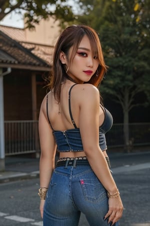 Japanese hot girl 36 years old standing candidly, flirty pose, she is wearing levi's clothes, hot latina baddie girl outfit, jewel bracelerts, waist chain, fashion outfit, raw style, punk like make up, large latina hoop earrings, kairi sane latina hairstyle, blonde hair, Sony A7III, aspect ratio 1:2, hyperreal, photorealistic quality, dramatic backlighting, soft shadows, depth of field, ultra clear, UHD drawing