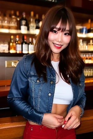 sexy asian girl, beautiful detailed eyes, tight jeans, tight cropped small denim jacket, sexy girl make-up, dark lips, kairi sane is having a good time in a bar, realistic, punk girl hair color,kairisane