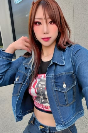 Kairi Sane, she is wearing jeans, cropped denim jacket and a sexy t-shirt, beautiful detailed eyes