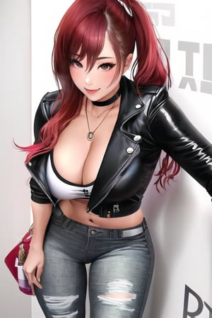 Bad and rebel girl having a good time in a party and posing so flirty, slim body, she is wearing a rebel and bad girl outfit with tight jeans and a cropped jacket to her waist,girl,kairisane