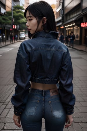 Japanese fashion influencer in her 20s standing candidly, natural pose, fitted jeans, cropped fitted denim jacket, captured from the back, raw style, black goth lips style, black eyeshadows, Sony A7III, aspect ratio 1:2, hyperreal, photorealistic quality, dramatic backlighting, soft shadows, depth of field, ultra clear, UHD drawing