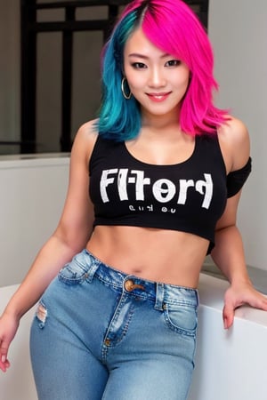 Asuka is a supermodel girl flirting with you and she poses provocatively, also she is taking off her denim jacket, 17 years old, smiling flirty, hoop earrings, slim body, asuka hair style, asuka makeup, pink blue hair color, she is wearing tight levi's jeans and a sexy cropped t-shirt