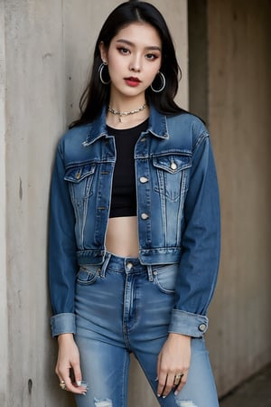 slim girl, beautiful detailed eyes, tight jeans, cropped denim jacket, punk girl make-up, punk girl haircolor, dark lips, hoop earrings, full body shot