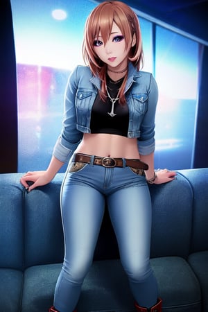 Japanese woman wearing cropped light blue denim jacket and tight light blue jeans, fashion belt, kairi sane hairstyle, kairi sane face, kairi sane make-up, flirty lips, she is dating with you in a night club, full body shot, high heel boots, 36 years old