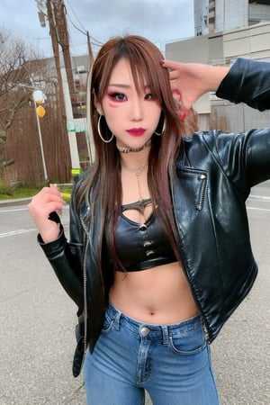 A hot baddie japanese girl is having a date and is flirting with you, beautiful detailed eyes, hot jeans, cropped leather jacket, hoop earrings, kairi sane face, baddie make-up,kairisane,Sexy Pose,Styles Pose,Striking Pose