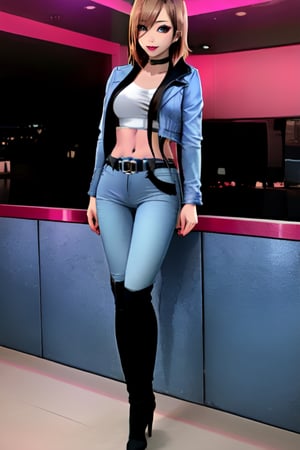 Japanese woman wearing cropped light blue denim jacket and tight light blue jeans, fashion belt, kairi sane hairstyle, kairi sane face, kairi sane make-up, flirty lips, she is dating with you in a night club, full body shot, high heel boots, 36 years old