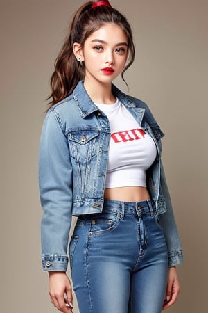 beautiful detailed eyes, tight jeans, cropped denim jacket, hair with ponytail and fringe, red lips