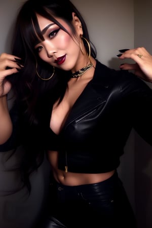 beautiful detailed eyes, sexy supermodel detailed makeup, dark lips, kairi sane hairstyle, black eyeshadows, flirty look, sexy wrestler outfit, tight levi's jeans, punk girl leather jacket, black cap, hoop earrings, long black nails, full body shot,kairisane