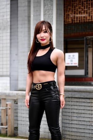 Kairi Sane is a japanese college student, she is wearing a rebel attire, skinny_jeans, small heel boots, black lips, fashion belt, hoop earrings,kairisane