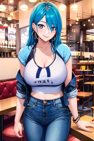 A hot baddie japanese girl is having a date and is flirting with you in a restaurant wanting to be your girlfriend, beautiful detailed eyes, flirty beautiful perfect smile, hot jeans in light blue color, cropped denim jacket, hoop earrings, asuka face, baddie make-up,asuka, full body shot