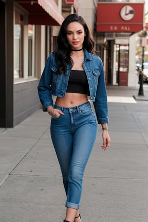 Bad and rebel girl having a good time in a photoshoot model for levi's, slim body, she is wearing a rebel and bad girl outfit with tight jeans and a cropped denim jacket to her waist,Megan fox 