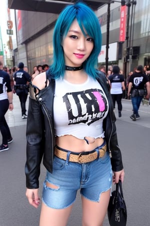 hot japanese girl, she is a repeat offender criminal, 39 years old, torn jeans, biker jacket and Ramones t-shirt, punk fashion belt, asuka make-up, asuka face, asuka hairstyle, blue pink hair color, smiling flirty and provocatively, posing defiant, realistic, full body shot,hot girl