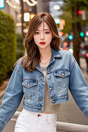 beautiful detailed eyes, tight jeans, tight cropped small denim jacket, punk girl make-up, red lips, posing very sexy and flirting in a street at night, realistic, kairi sane face, kairi sane hairstyle, kairi sane hair color