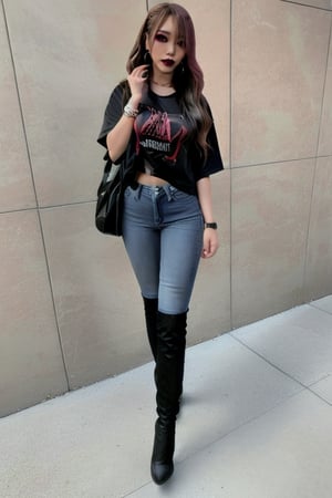 Japanese onlyfans model woman posing in a red district, 36 years old, dark lips, kairi sane hairstyle, typical hot outfit, large hoop earrings, sexy t-shirt, punk girl makeup, full body shot, slim girl, sexy body, long nails,sexy high acid washed jeans,Sexy Pose,blackbootsnjeans,1 girl 