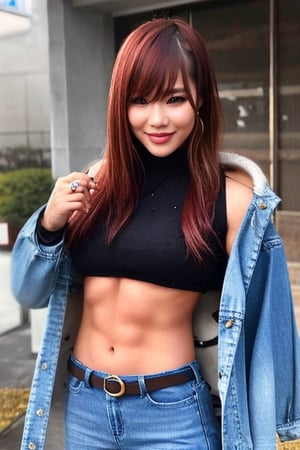 Kairi Sane in her young years, she is wearing frayed jeans, oversize frayed denim jacket, fashion belt, she is flirting, she smokes a cigarette, kairisane