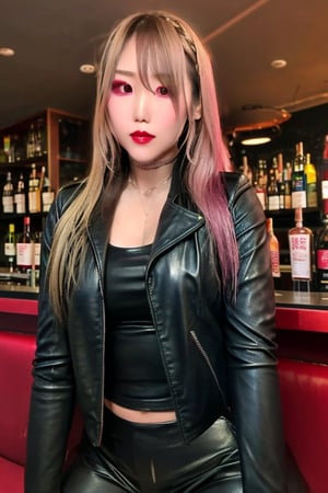 Japanese female night girl, she is a bad girl, hot makeup, red lips, teacher fashion style, leather pants, biker leather female jacket, blonde haircolor, kairi sane face, kairi sane hairstyle, she is posing sexy and sugestive in a bar,kairisane