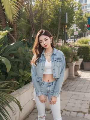 asian girl, beautiful detailed eyes, tight jeans, cropped denim jacket, make-up, red lips, posing sexy