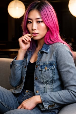 Punk japanese woman with charming eyes, long hair, pink green hair color, punk girl hairstyle, donning a denim jacket, pants, lounging on a sofa smoking a cigarette, nestled in a night club, pervasive grey hues, gentle light kissing glass surfaces, behind, a sketched portrait of a young woman also smoking cigarettes, airbrush technique, high resolution, ultra realistic, soft lighting, HD.