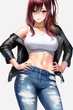 Anime girl with long hair wearing a denim jacket and jeans, slim body,kairisane