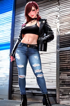 Bad and rebel girl having a good time in a party and posing so flirty, slim body, she is wearing a rebel and bad girl outfit with tight jeans and a cropped jacket to her waist,girl,kairisane