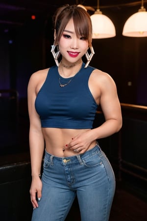 Japanese hot girl 36 years old standing candidly in a night club during a romantic date, flirty pose because she's in love with you, japanese slender body girl, hot latina baddie girl outfit, tight jeans acid wash blue color 80s style, jewel bracelerts, raw style, kairi sane make up, very sexy latina girl crop top, large latina hoop earrings, kairi sane ponytail hairstyle, blonde hair, hot smile, Sony A7III, aspect ratio 1:2, hyperreal, photorealistic quality, dramatic backlighting, soft shadows, depth of field, ultra clear, UHD drawing