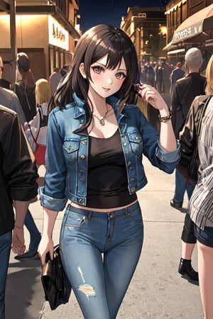 Bad and rebel girl having a good time in a party, she is wearing a rebel and bad girl outfit with jeans and a denim jacket