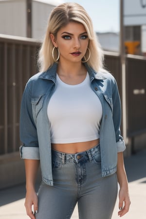 Alexa Bliss is a hot american fashion influencer standing so sexy, sexy pose, white t-shirt, 80s acid wash levis jeans, 80s acid wash light blue cropped levis denim jacket, captured from the front, raw style, dark lips, blonde hair, black eyeshadows, large hoop earrings, Sony A7III, aspect ratio 1:2, hyperreal, photorealistic quality, dramatic backlighting, soft shadows, depth of field, ultra clear, UHD drawing