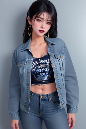 supermodel asian girl, 19 years old, beautiful detailed eyes, t, make-up, dark lips, posing sexy, 80s hairstyle, loose 80s levis jeans type, jack daniels t-shirt resemble, 80s levi's denim jacket type in very strong acid wash blue color, large hoop earrings