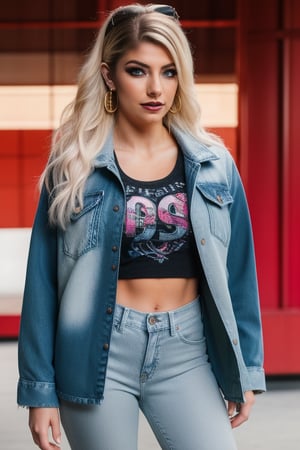 Alexa Bliss is a hot american fashion influencer standing so sexy, sexy pose, white t-shirt, 80s acid wash levis jeans, 80s acid wash light blue levis denim jacket, raw style, dark lips, blonde hair, black eyeshadows, large hoop earrings, Sony A7III, aspect ratio 1:2, hyperreal, photorealistic quality, dramatic backlighting, soft shadows, depth of field, ultra clear, UHD drawing