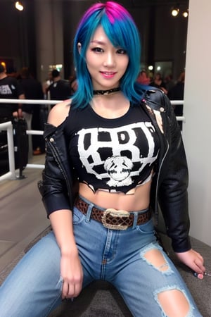 hot japanese girl, she is a repeat offender criminal, 39 years old, torn jeans, biker jacket and Ramones t-shirt, punk fashion belt, asuka make-up, asuka face, asuka hairstyle, blue pink hair color, smiling flirty and provocatively, posing defiant, realistic, full body shot,hot girl