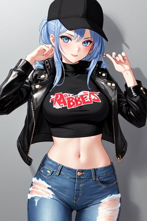 Bad and rebel girl having a good time in a party and posing so flirty, she is wearing a rebel and bad girl outfit with tight jeans and a cropped jacket to her waist,girl