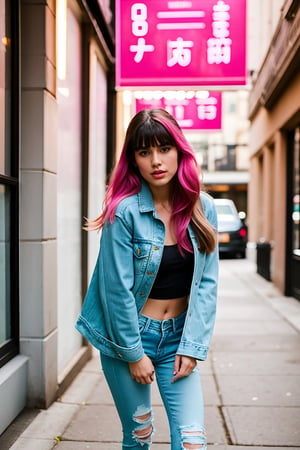 long hair with ponytail and fringe, beautiful face, onlyfans model, hot pink lips, pink eyeshadow, wearing cropped denim jacket and tight levis jeans in light blue color,blackbootsnjeans, white girl