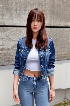 Model japan girl aged 20 she is dressing fitted jeans with a tight shirt and crop denim jacket ai generative,kairisane