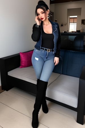 Japanese onlyfans model woman, 40 years old, dark lips, onlyfans model girl hairstyle with ponytail and fringe, typical fashion model woman outfit, hoop earrings, tight denim jacket, punk girl makeup, full body shot, slim girl, sexy body, long nails,sexy jeans,Sexy Pose,blackbootsnjeans,1 girl 