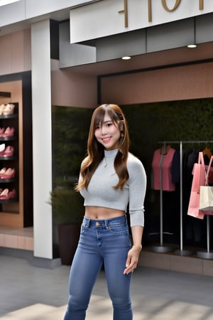 a beautiful flirty Japanese girl, 19 years old, perfect face, flirty face, round cute cheeks, perfect eyes, perfect nose, perfect lips, natural skin, long straight hair, kairi sane face, kairi sane hairstyle, hot outfit, hot jeans, feels enjoy at the shopping mall, shopping, full body,kairisane