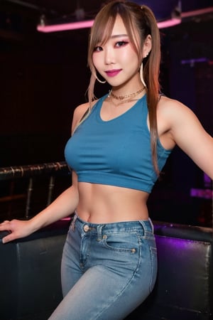 Japanese hot girl 36 years old standing candidly in a night club during a romantic date, flirty pose because she's in love with you, japanese slender body girl, hot latina baddie girl outfit, tight jeans acid wash blue color 80s style, jewel bracelerts, raw style, fashion make up, crop sexy top, large latina hoop earrings, kairi sane ponytail hairstyle, blonde hair, hot smile, Sony A7III, aspect ratio 1:2, hyperreal, photorealistic quality, dramatic backlighting, soft shadows, depth of field, ultra clear, UHD drawing