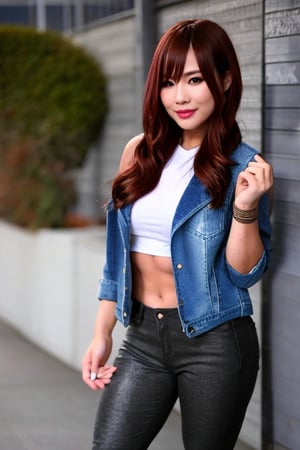 Kairi Sane, she is wearing a provocative and hot outfit, tight jeans, tight and small t-shirt, small denim jacket