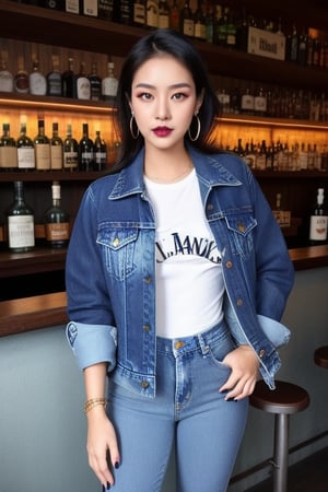 supermodel asian girl, 19 years old, beautiful detailed eyes, t, make-up, dark lips, posing sexy, full body shot in a bar drinking a whisky, 80s hairstyle, loose 80s levis jeans type, jack daniels t-shirt resemble, 80s levi's denim jacket type in very strong acid wash blue color, large hoop earrings