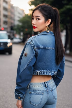 Filipina fashion influencer in her 20s standing candidly, natural pose, tight jeans, cropped fitted denim jacket, captured from the back, raw style, red lips, long hair ponytail, black eyeshadows, large hoop earrings, Sony A7III, aspect ratio 1:2, hyperreal, photorealistic quality, dramatic backlighting, soft shadows, depth of field, ultra clear, UHD drawing